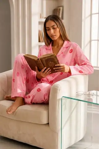 Kadın Önden Düğmeli Uzun Kollu Pembe Pijama Takımı - 2