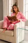Kadın Önden Düğmeli Uzun Kollu Pembe Pijama Takımı - Görsel 2