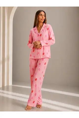 Kadın Önden Düğmeli Uzun Kollu Pembe Pijama Takımı - 4
