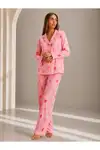 Kadın Önden Düğmeli Uzun Kollu Pembe Pijama Takımı - Görsel 4