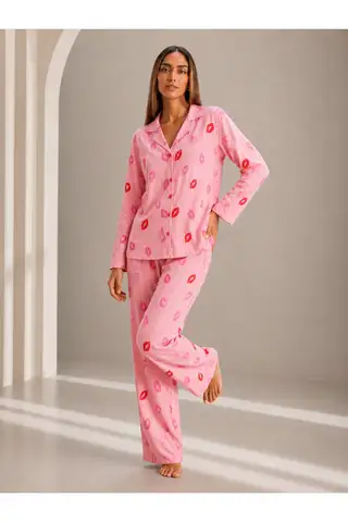 Kadın Önden Düğmeli Uzun Kollu Pembe Pijama Takımı - 5