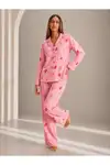 Kadın Önden Düğmeli Uzun Kollu Pembe Pijama Takımı - Görsel 5