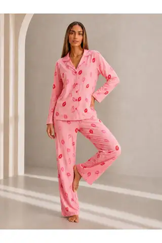 Kadın Önden Düğmeli Uzun Kollu Pembe Pijama Takımı - 6