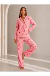 Kadın Önden Düğmeli Uzun Kollu Pembe Pijama Takımı - Görsel 6