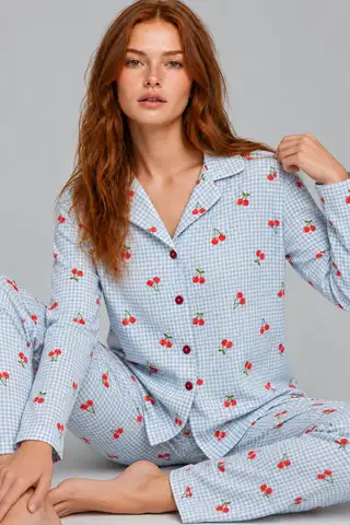 Kadın Kiraz Desenli Pötikare Mavi Pijama Takımı 4792 - 1