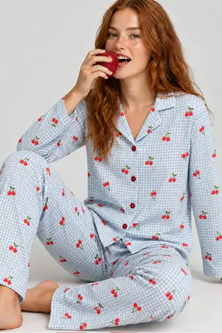 Kadın Kiraz Desenli Pötikare Mavi Pijama Takımı 4792 - 2