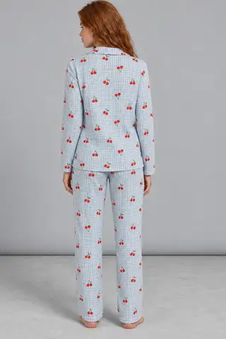 Kadın Kiraz Desenli Pötikare Mavi Pijama Takımı 4792 - 3