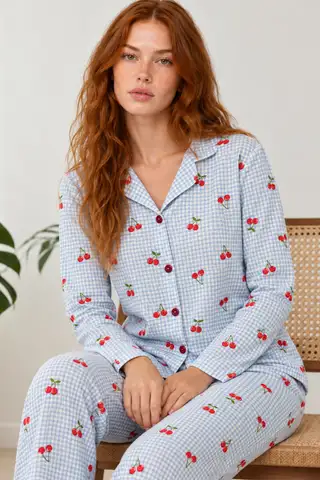Kadın Kiraz Desenli Pötikare Mavi Pijama Takımı 4792 - 4