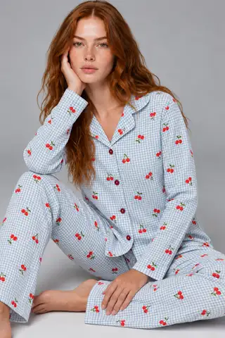 Kadın Kiraz Desenli Pötikare Mavi Pijama Takımı 4792 - 5