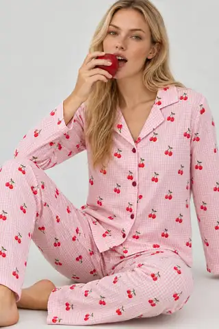 Kadın Kiraz Desenli Pötikare Pembe Pijama Takımı 4793 - 1