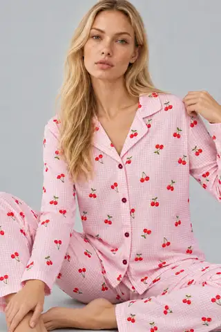 Kadın Kiraz Desenli Pötikare Pembe Pijama Takımı 4793 - 2