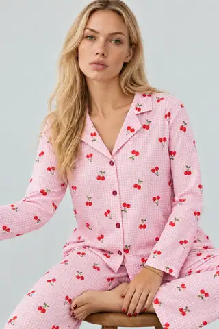 Kadın Kiraz Desenli Pötikare Pembe Pijama Takımı 4793 - 3