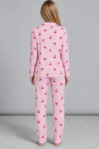 Kadın Kiraz Desenli Pötikare Pembe Pijama Takımı 4793 - 4