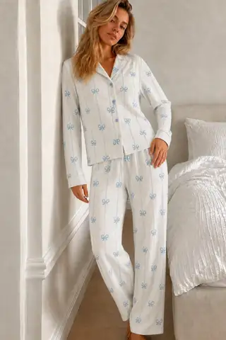 Kadın Desenli Düğmeli Uzun Kollu Beyaz Pijama Takımı - 6