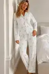 Kadın Desenli Düğmeli Uzun Kollu Beyaz Pijama Takımı - Görsel 6