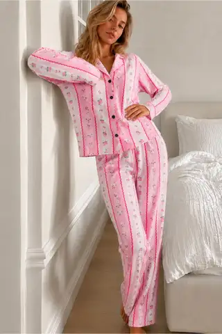 Kadın Desenli Düğmeli Uzun Kollu Pembe Pijama Takımı - 1