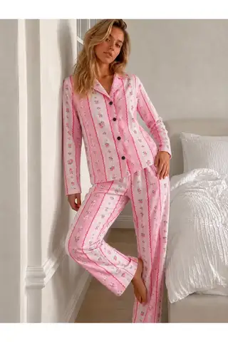 Kadın Desenli Düğmeli Uzun Kollu Pembe Pijama Takımı - 5