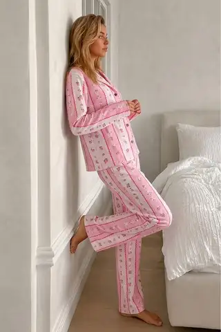 Kadın Desenli Düğmeli Uzun Kollu Pembe Pijama Takımı - 6