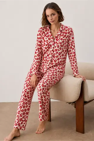 Kadın Gömlek Yakalı Uzun Kollu Kırmızı Pijama Seti - 1