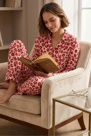 Kadın Gömlek Yakalı Uzun Kollu Kırmızı Pijama Seti - 2