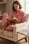 Kadın Gömlek Yakalı Uzun Kollu Kırmızı Pijama Seti - Görsel 2