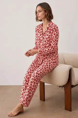 Kadın Gömlek Yakalı Uzun Kollu Kırmızı Pijama Seti - 4