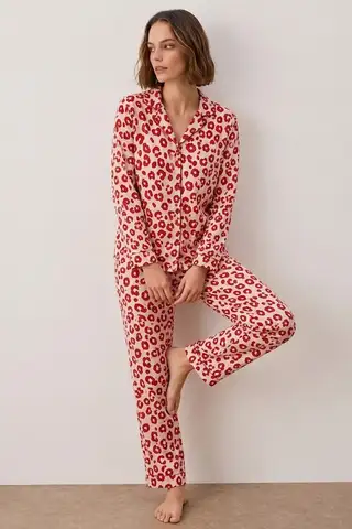 Kadın Gömlek Yakalı Uzun Kollu Kırmızı Pijama Seti - 5