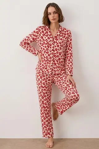 Kadın Gömlek Yakalı Uzun Kollu Kırmızı Pijama Seti - 6