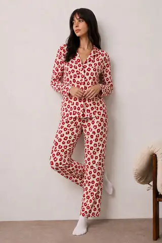 Kadın Uzun Kollu Düğmeli Alt Üst Uyku Kırmızı Pijama Takımı - 5
