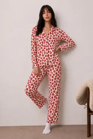 Kadın Uzun Kollu Düğmeli Alt Üst Uyku Kırmızı Pijama Takımı - 6