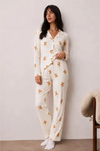 Kadın Uzun Kollu Düğmeli Alt Üst Uyku Beyaz Pijama Takımı - 1
