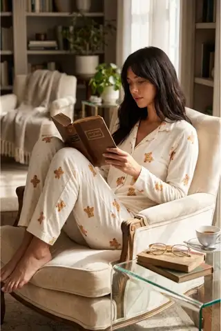Kadın Uzun Kollu Düğmeli Alt Üst Uyku Beyaz Pijama Takımı - 2