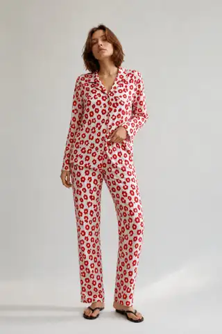 Kadın Gömlek Yaka Düğmeli Gece Giyimi Kırmızı Pijama Takımı