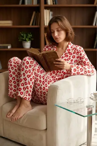 Kadın Gömlek Yaka Düğmeli Gece Giyimi Kırmızı Pijama Takımı - 2