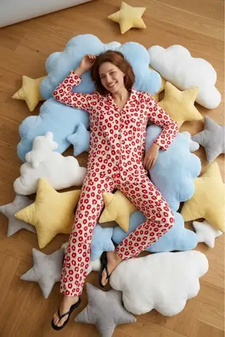 Kadın Gömlek Yaka Düğmeli Gece Giyimi Kırmızı Pijama Takımı - 3