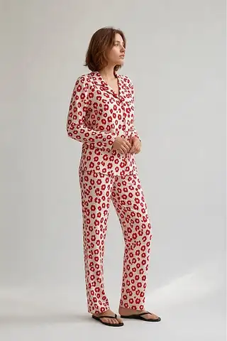 Kadın Gömlek Yaka Düğmeli Gece Giyimi Kırmızı Pijama Takımı - 4