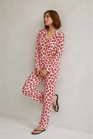 Kadın Gömlek Yaka Düğmeli Gece Giyimi Kırmızı Pijama Takımı - 5