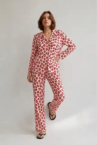 Kadın Gömlek Yaka Düğmeli Gece Giyimi Kırmızı Pijama Takımı - 6