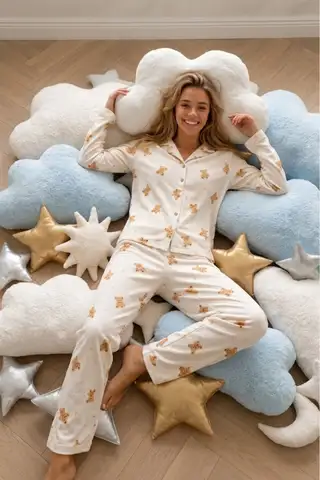 Kadın Gömlek Yaka Düğmeli Beyaz Pijama Takımı - 2