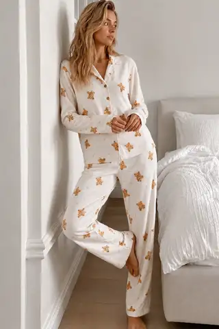 Kadın Gömlek Yaka Düğmeli Beyaz Pijama Takımı - 4