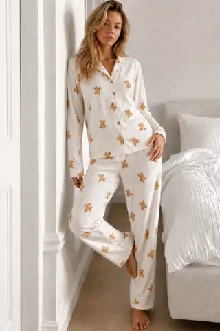 Kadın Gömlek Yaka Düğmeli Beyaz Pijama Takımı - 6