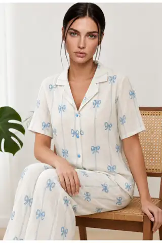 Kadın Kısa Kol Fiyonk Desenli Mavi Pijama Takımı 4771 - 2