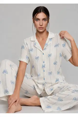 Kadın Kısa Kol Fiyonk Desenli Mavi Pijama Takımı 4771 - 3