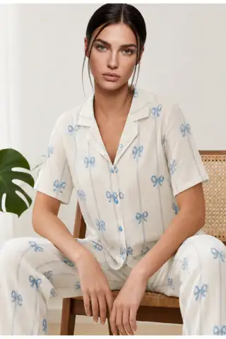 Kadın Kısa Kol Fiyonk Desenli Mavi Pijama Takımı 4771 - 4