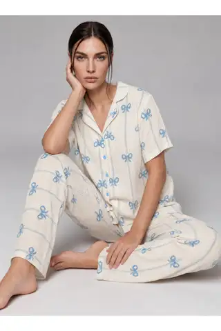 Kadın Kısa Kol Fiyonk Desenli Mavi Pijama Takımı 4771 - 5