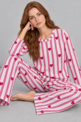 Kadın Kalpli Rahat Kalıp İkili Pembe Pijama Takımı 4768 - 2