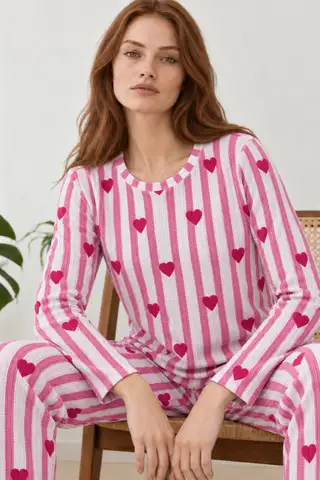 Kadın Kalpli Rahat Kalıp İkili Pembe Pijama Takımı 4768 - 4