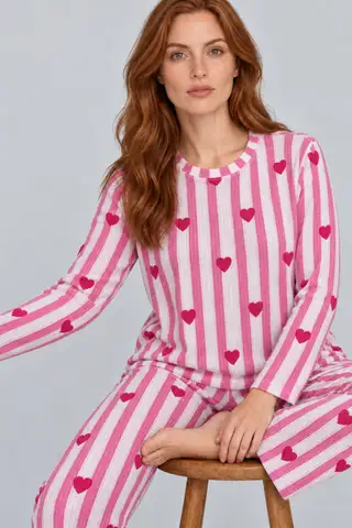 Kadın Kalpli Rahat Kalıp İkili Pembe Pijama Takımı 4768 - 5