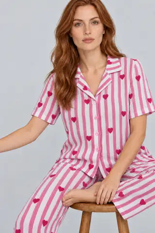 Kadın Rahat Kalıp Gömlek Yaka Pembe Kalpli Pijama Takımı 4769 - 2
