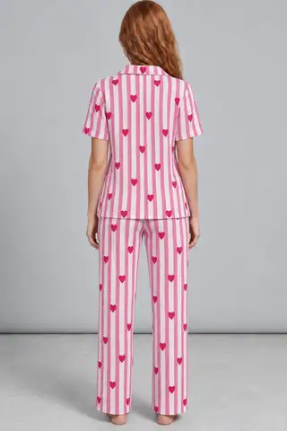 Kadın Rahat Kalıp Gömlek Yaka Pembe Kalpli Pijama Takımı 4769 - 3